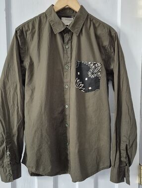 Elwood Olive Green Long-Sleeve Button Up Shirt with Contrast Pocket Sz M